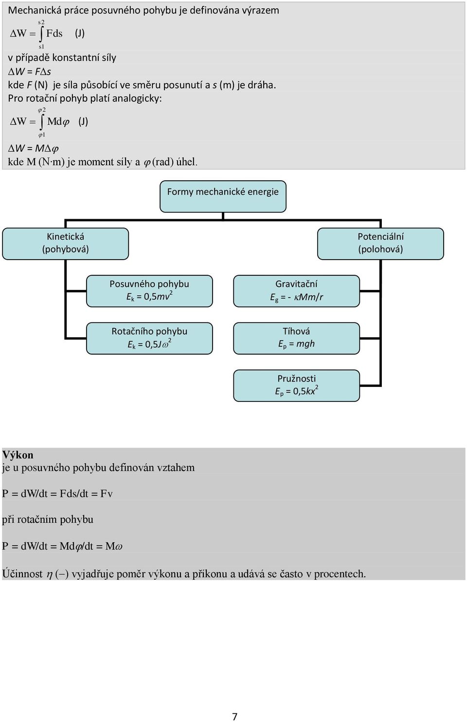 Formy mechanické energie Kinetická (pohybová) Potenciální (polohová) Posuvného pohybu E k = 0,5mv 2 Gravitační E g = - Mm/r Rotačního pohybu E k = 0,5J 2 Tíhová