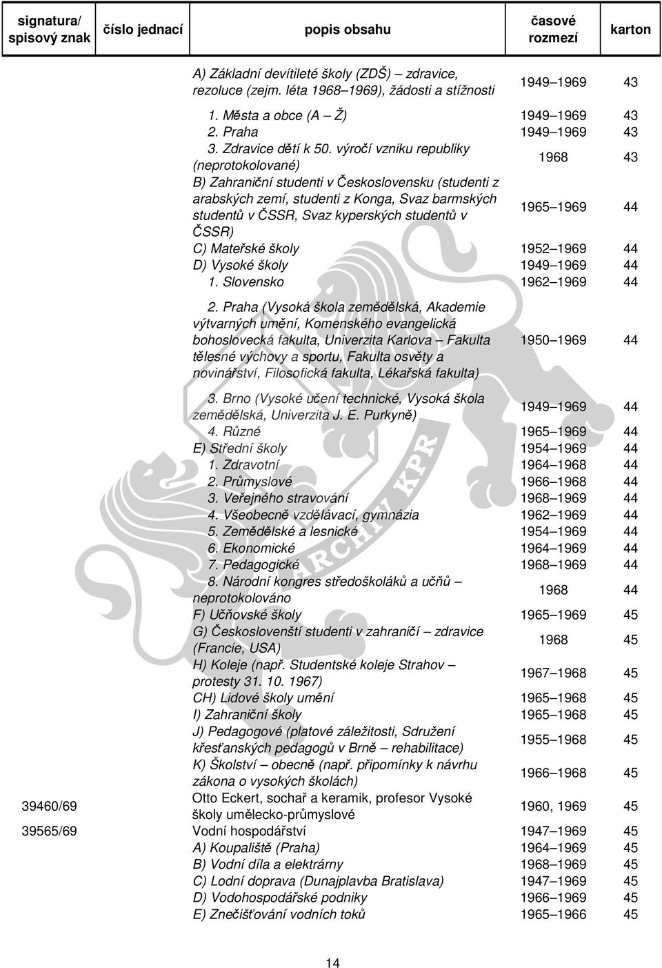 1969 44 ČSSR) C) Mateřské školy 1952 1969 44 D) Vysoké školy 1949 1969 44 1. Slovensko 1962 1969 44 2.