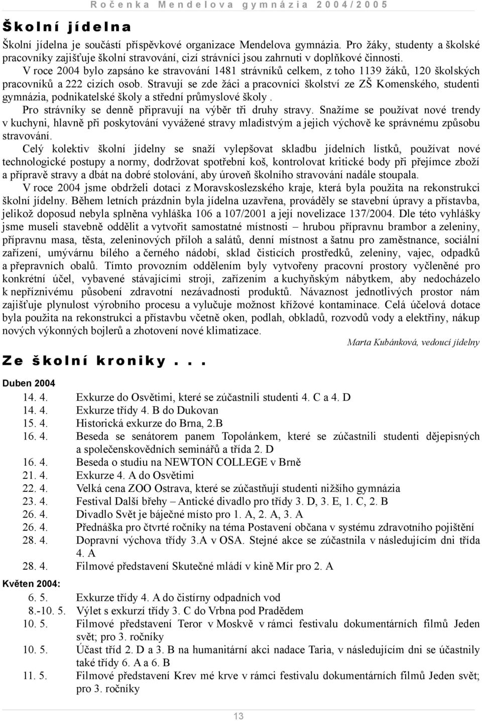 V roce 2004 bylo zapsáno ke stravování 1481 strávníků celkem, z toho 1139 žáků, 120 školských pracovníků a 222 cizích osob.