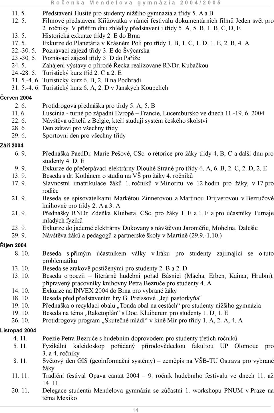 E do Brna Exkurze do Planetária v Krásném Poli pro třídy 1. B, 1. C, 1. D, 1. E, 2. B, 4. A Poznávací zájezd třídy 3. E do Švýcarska Poznávací zájezd třídy 3.