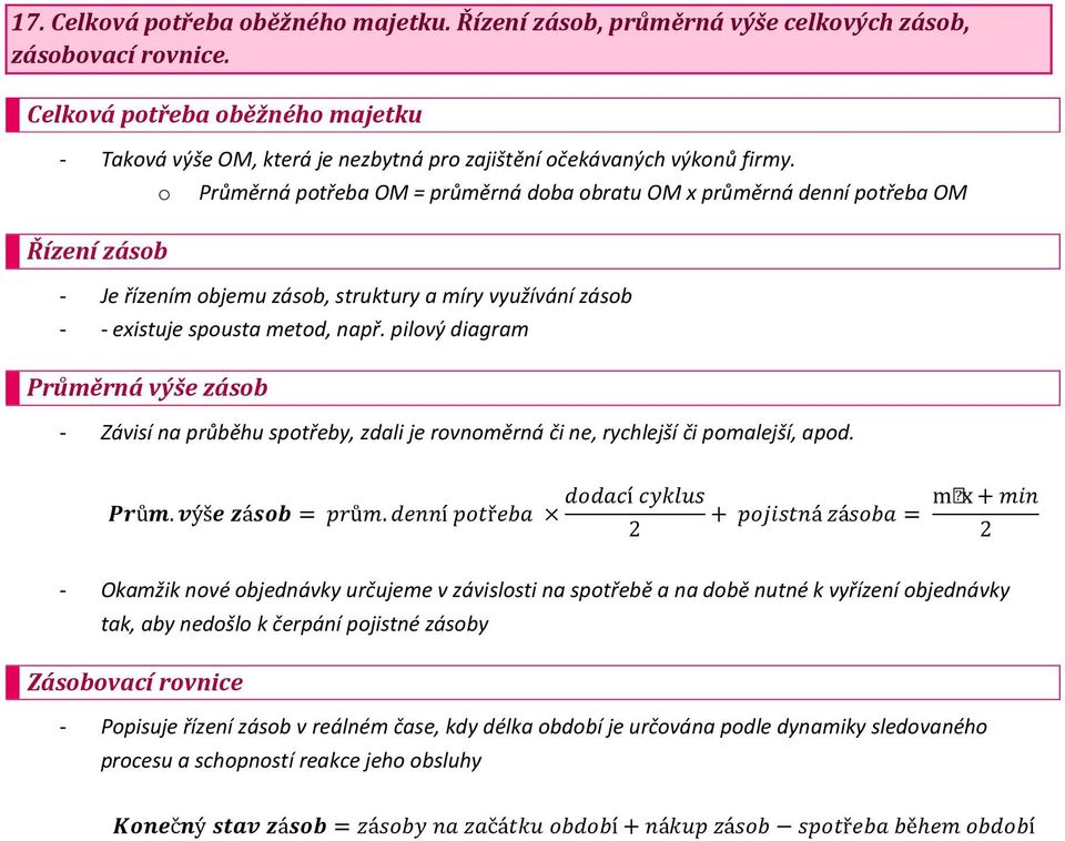 pilvý diagram Průměrná výše zásb - Závisí na průběhu sptřeby, zdali je rvnměrná či ne, rychlejší či pmalejší, apd. ů. ýš á ů.