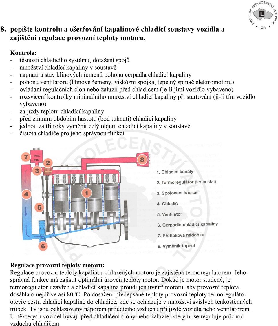 řemeny, viskózní spojka, tepelný spínač elektromotoru) - ovládání regulačních clon nebo žaluzií před chladičem (je-li jimi vozidlo vybaveno) - rozsvícení kontrolky minimálního množství chladící