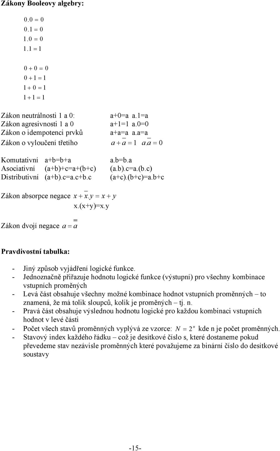 y = x + y x.(x+y)=x.y Zákon dvojí negace a= a Pravdivostní tabulka: - Jiný způsob vyjádření logické funkce.