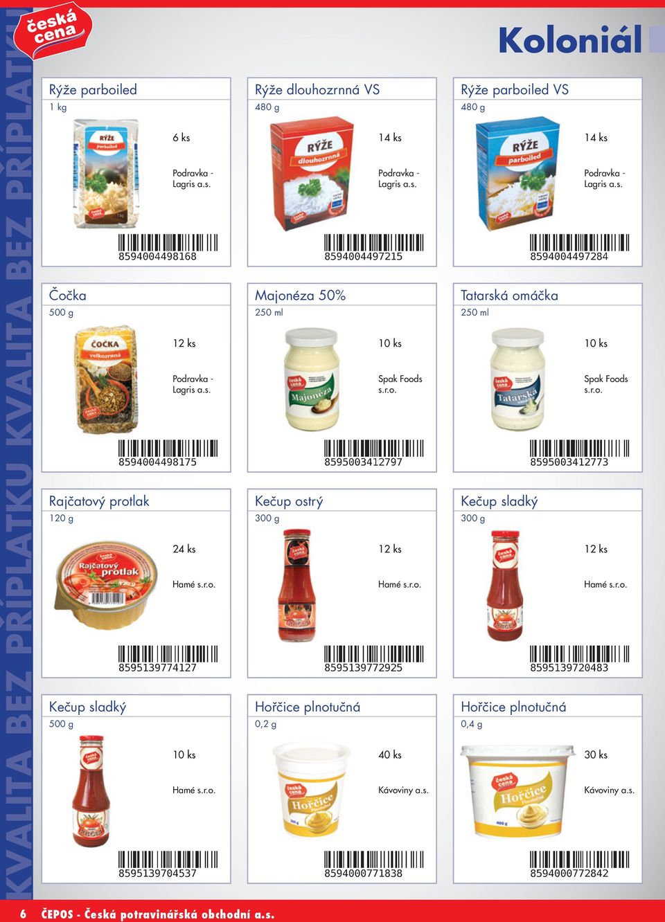 a.s. Podravka - a.s. 24 ks Hamé Hamé Rýže dlouhozrnná VS 480 g Majonéza 50% 250 ml Kečup ostrý 300 g Hořčice plnotučná 0,2 g 14 ks Podravka - a.