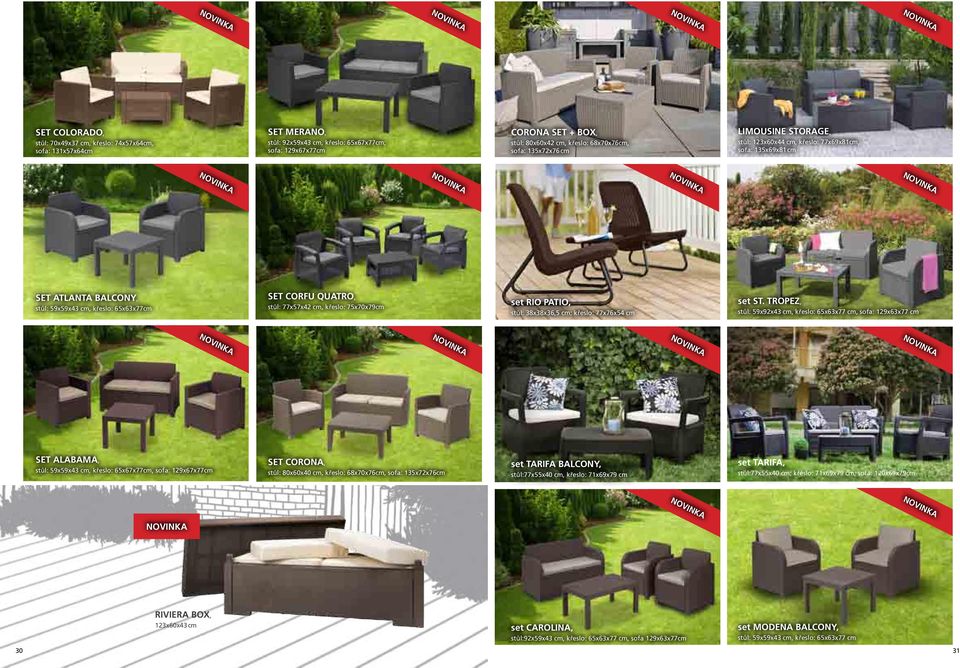 křeslo: 75x70x79cm set RIO PATIO, stůl: 38x38x36,5 cm; křeslo: 77x76x54 cm set ST.