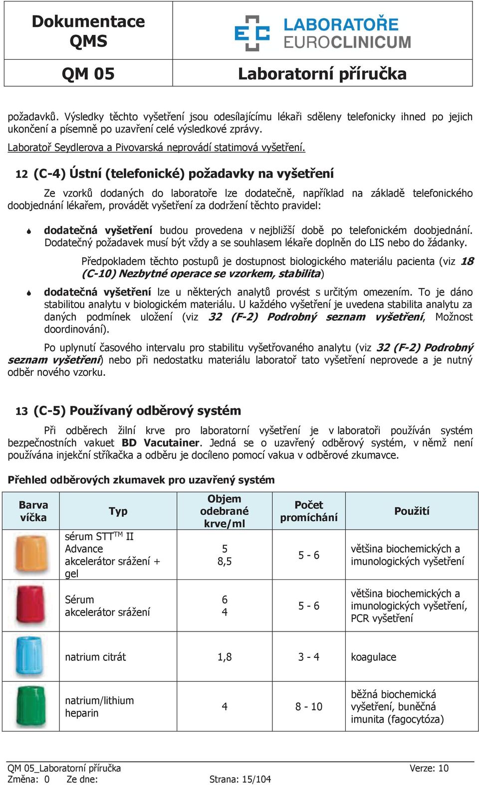 12 (C-4) Ústní (telefonické) požadavky na vyšetření Ze vzorků dodaných do laboratoře lze dodatečně, například na základě telefonického doobjednání lékařem, provádět vyšetření za dodržení těchto