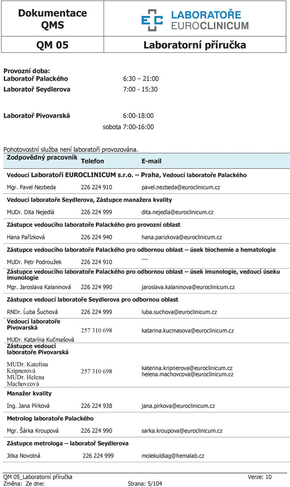 cz Vedoucí laboratoře eydlerova, Zástupce manažera kvality MUDr. Dita Nejedlá 226 224 999 dita.nejedla@euroclinicum.