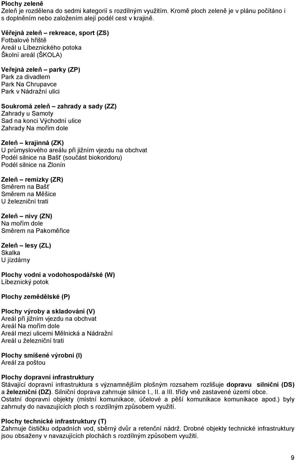 zahrady a sady (ZZ) Zahrady u Samoty Sad na konci Východní ulice Zahrady Na mořím dole Zeleň krajinná (ZK) U průmyslového areálu při jižním vjezdu na obchvat Podél silnice na Bašť (součást