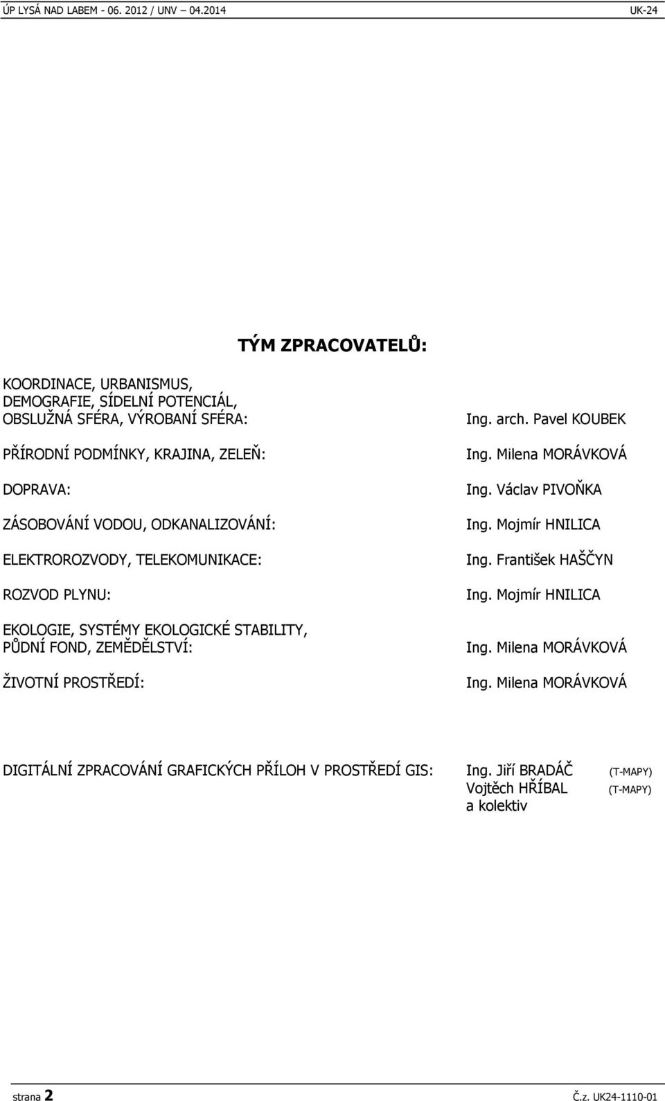 ZÁSOBOVÁNÍ VODOU, ODKANALIZOVÁNÍ: ELEKTROROZVODY, TELEKOMUNIKACE: ROZVOD PLYNU: EKOLOGIE, SYSTÉMY EKOLOGICKÉ STABILITY, PŮDNÍ FOND, ZEMĚDĚLSTVÍ: ŽIVOTNÍ PROSTŘEDÍ: Ing.