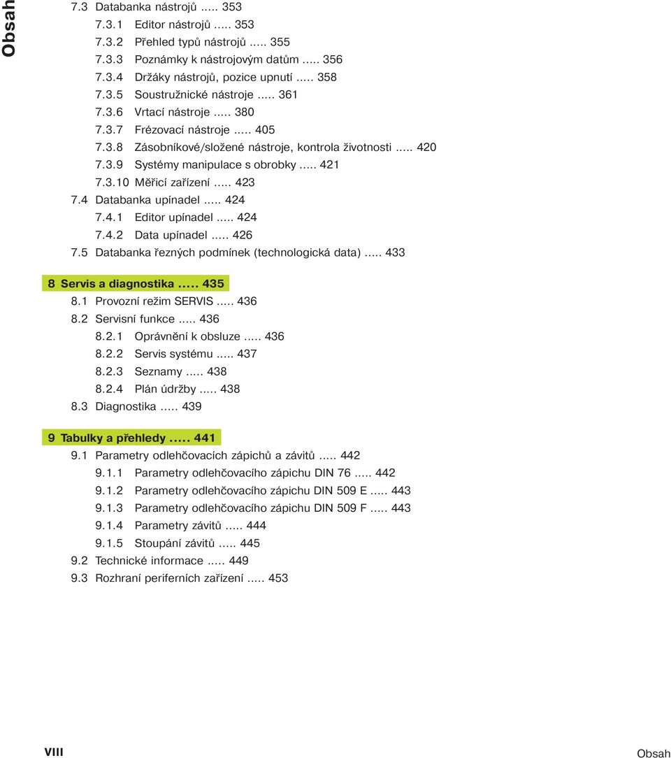 4 Databanka up nadel... 424 7.4.1 Editor up nadel... 424 7.4.2 Data up nadel... 426 7.5 Databanka řezných podm nek (technologická data)... 433 8 Servis a diagnostika... 435 8.1 Provozn režim SERVIS.