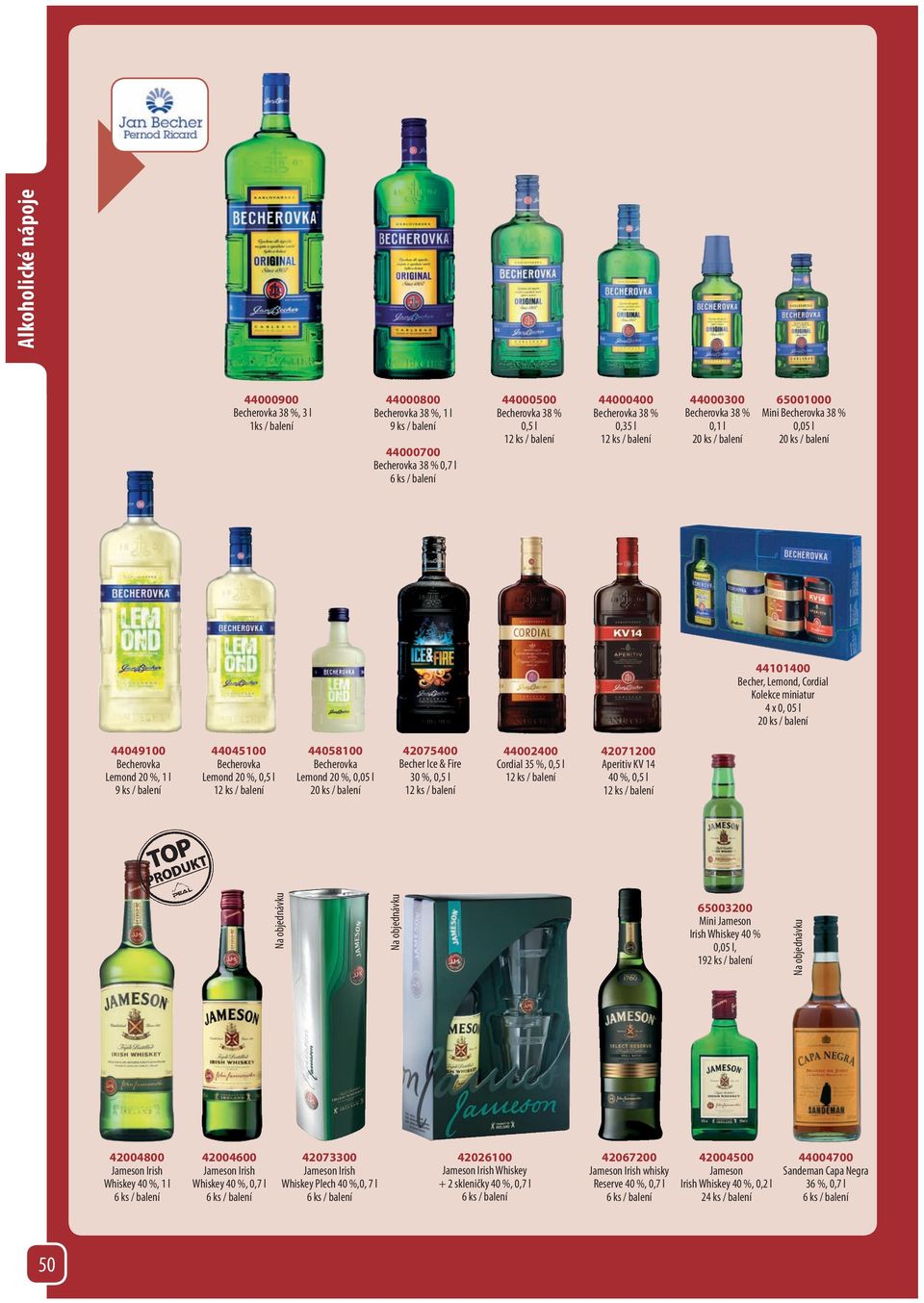 20 %, 0,5 l 44058100 Becherovka Lemond 20 %, 0,05 l 42075400 Becher Ice & Fire 30 %, 0,5 l 44002400 Cordial 35 %, 0,5 l 42071200 Aperitiv KV 14 40 %, 0,5 l 65003200 Mini Jameson Irish Whiskey 40 %