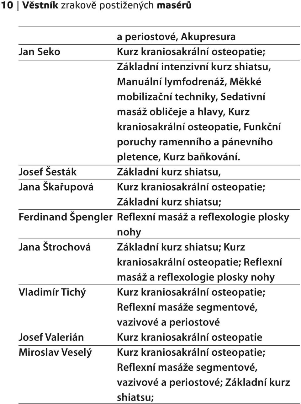 Josef Šesták Základní kurz shiatsu, Jana Škařupová Kurz kraniosakrální osteopatie; Základní kurz shiatsu; Ferdinand Špengler Reflexní masáž a reflexologie plosky nohy Jana Štrochová Základní kurz