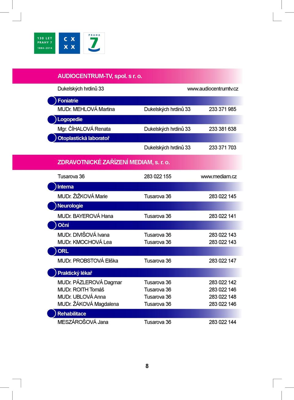 Praktický lékař Rehabilitace Dukelských hrdinů 33 233 371 703 Tusarova 36 283 022 155 www.mediam.cz Interna MUDr. ŽIŽKOVÁ Marie Tusarova 36 283 022 145 Neurologie MUDr.