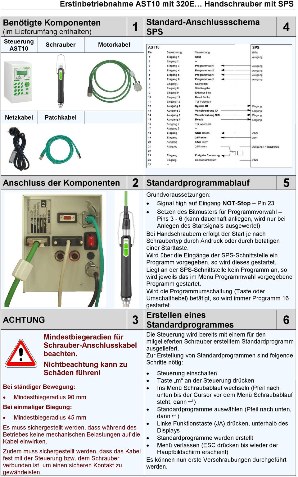 Mindestbiegeradius 90 mm Bei einmaliger Biegung: Mindestbiegeradius 45 mm Es muss sichergestellt werden, dass während des Betriebes keine mechanischen Belastungen auf die Kabel einwirken.