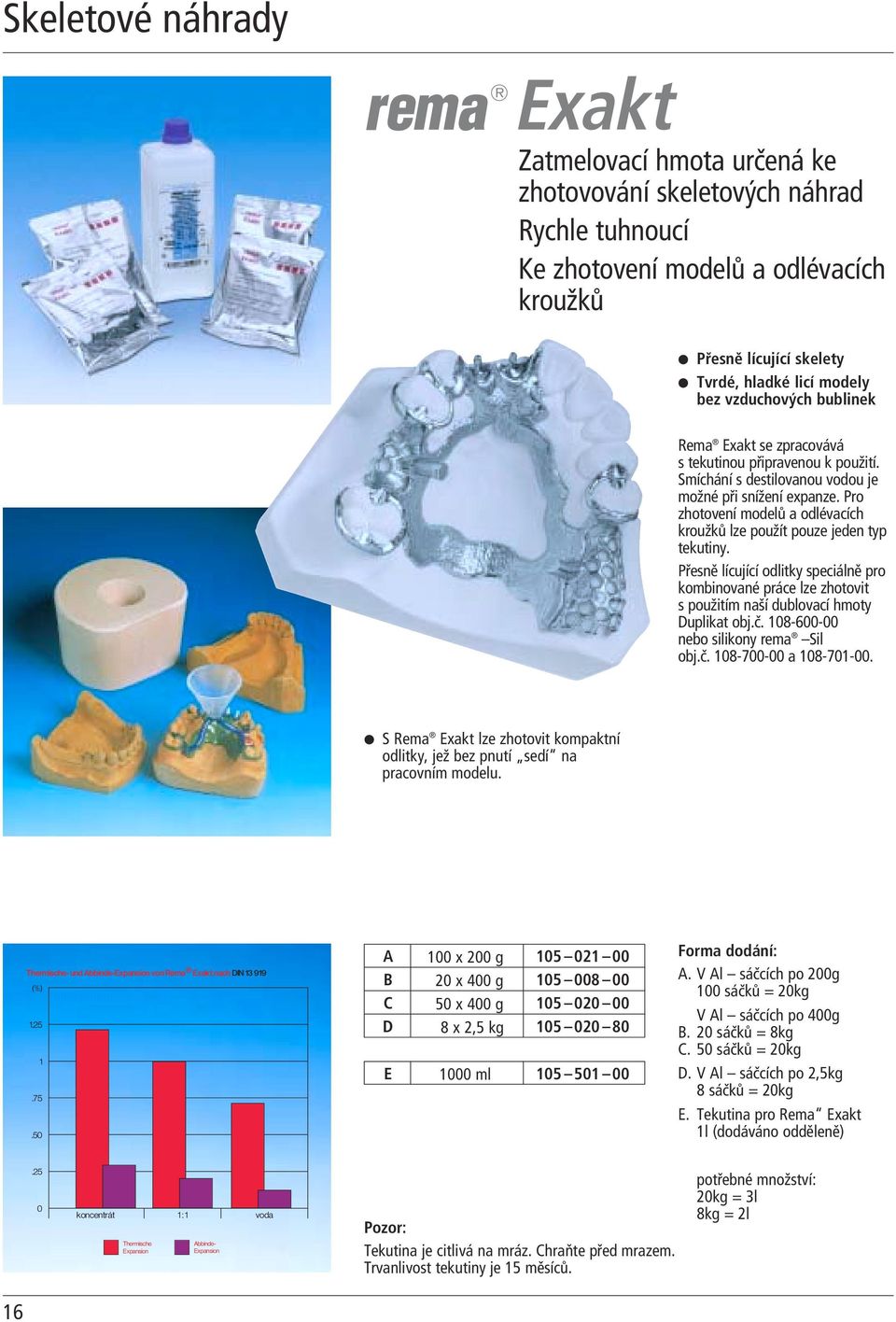 Pro zhotovení modelů a odlévacích kroužků lze použít pouze jeden typ tekutiny. Přesně lícující odlitky speciálně pro kombinované práce lze zhotovit s použitím naší dublovací hmoty Duplikat obj.č.