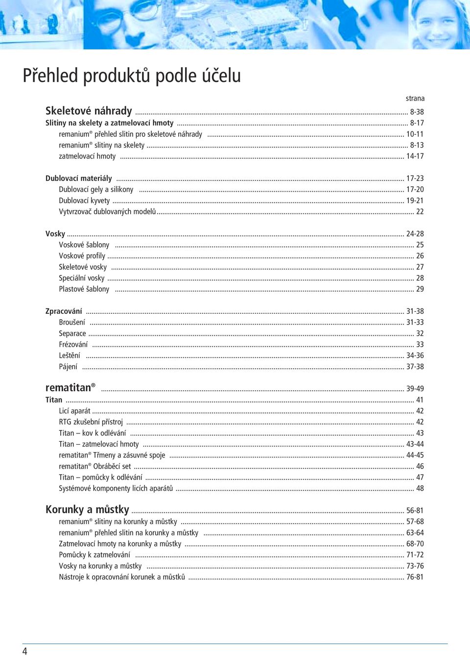 .. 25 Voskové profily... 26 Skeletové vosky... 27 Speciální vosky... 28 Plastové šablony... 29 Zpracování... 31-38 Broušení... 31-33 Separace... 32 Frézování... 33 Leštění... 34-36 Pájení.