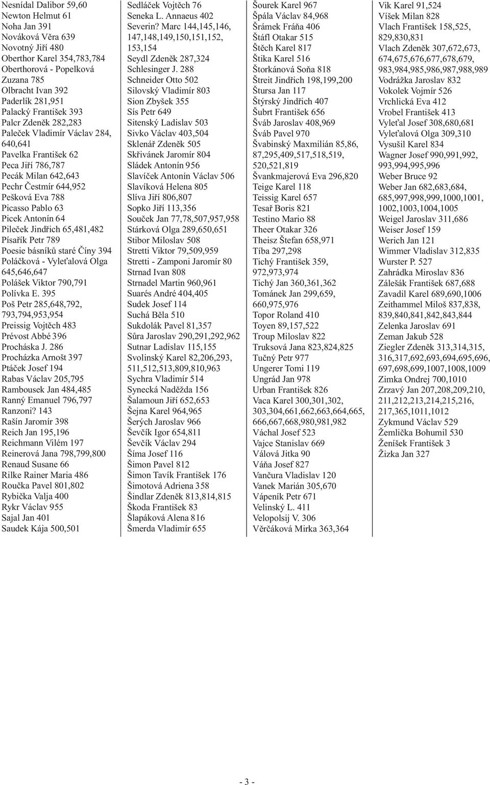 64 Pileček Jindřich 65,481,482 Písařík Petr 789 Poesie básníků staré Číny 394 Poláčková - Vyleťalová Olga 645,646,647 Polášek Viktor 790,791 Polívka E.