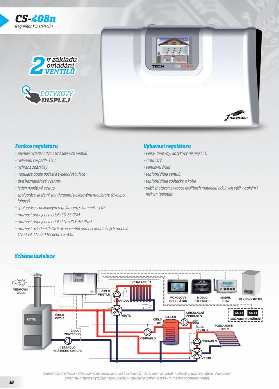 možnost připojení modulu CS-500 ETHERNET možnost ovládání dalších dvou ventilů pomocí dodatečných modulů CS-61 v4, CS-430 RS nebo CS-431n velký, barevný, dotykový displej LCD čidlo TUV venkovní čidlo