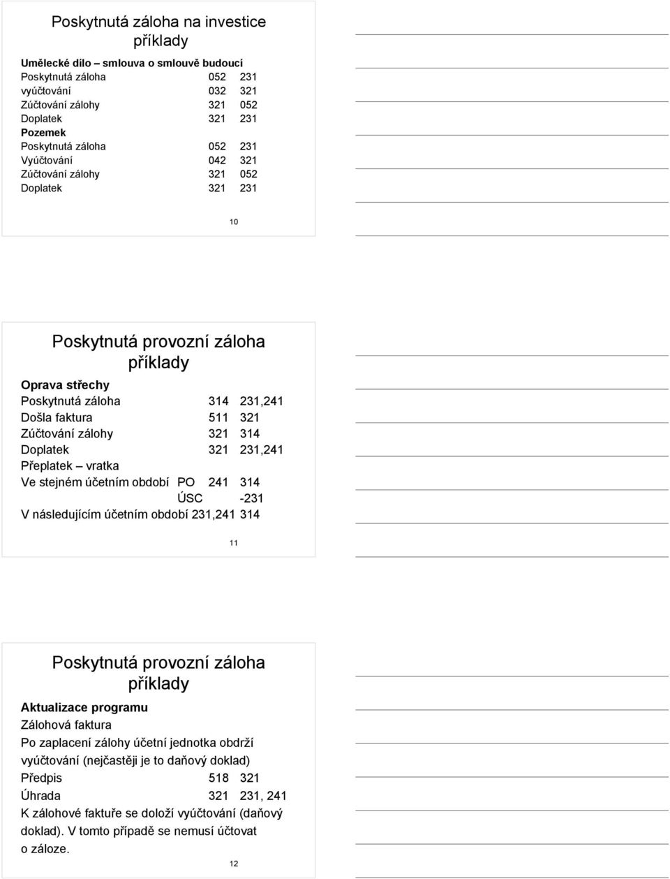 231,241 Přeplatek vratka Ve stejném účetním období PO 241 314 ÚSC -231 V následujícím účetním období 231,241 314 11 Poskytnutá provozní záloha Aktualizace programu Zálohová faktura Po zaplacení