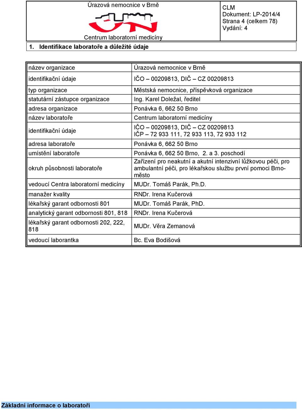 odbornosti 801 analytický garant odbornosti 801, 818 lékařský garant odbornosti 202, 222, 818 vedoucí laborantka Městská nemocnice, příspěvková organizace Ing.