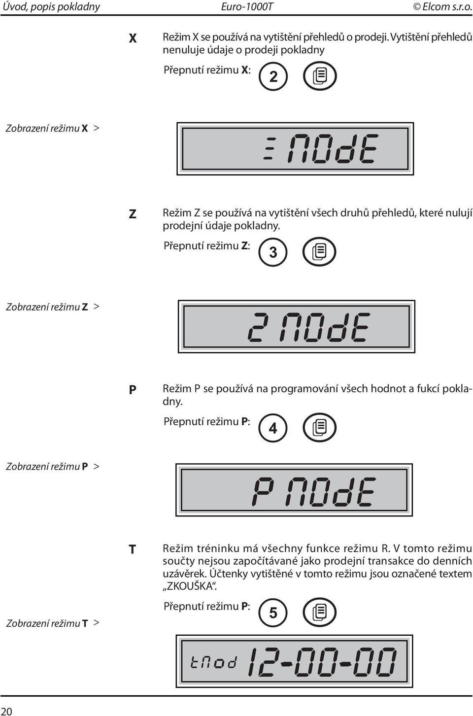 prodejní údaje pokladny. Přepnutí režimu Z: 3 J Zobrazení režimu Z > P Režim P se používá na programování všech hodnot a fukcí pokladny.