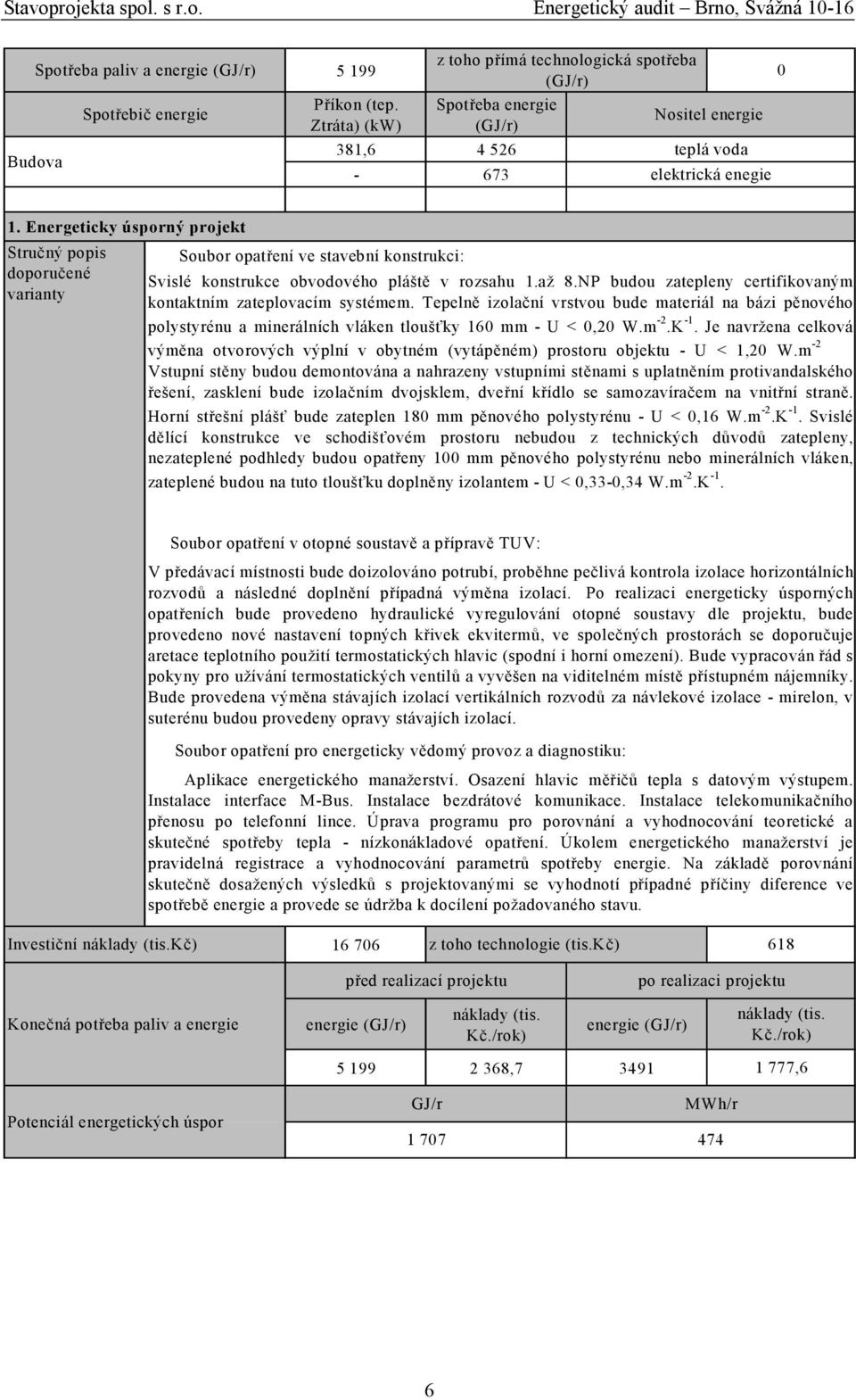 Energeticky úsporný projekt Stručný popis doporučené varianty Soubor opatření ve stavební konstrukci: Svislé konstrukce obvodového pláště v rozsahu 1.až 8.