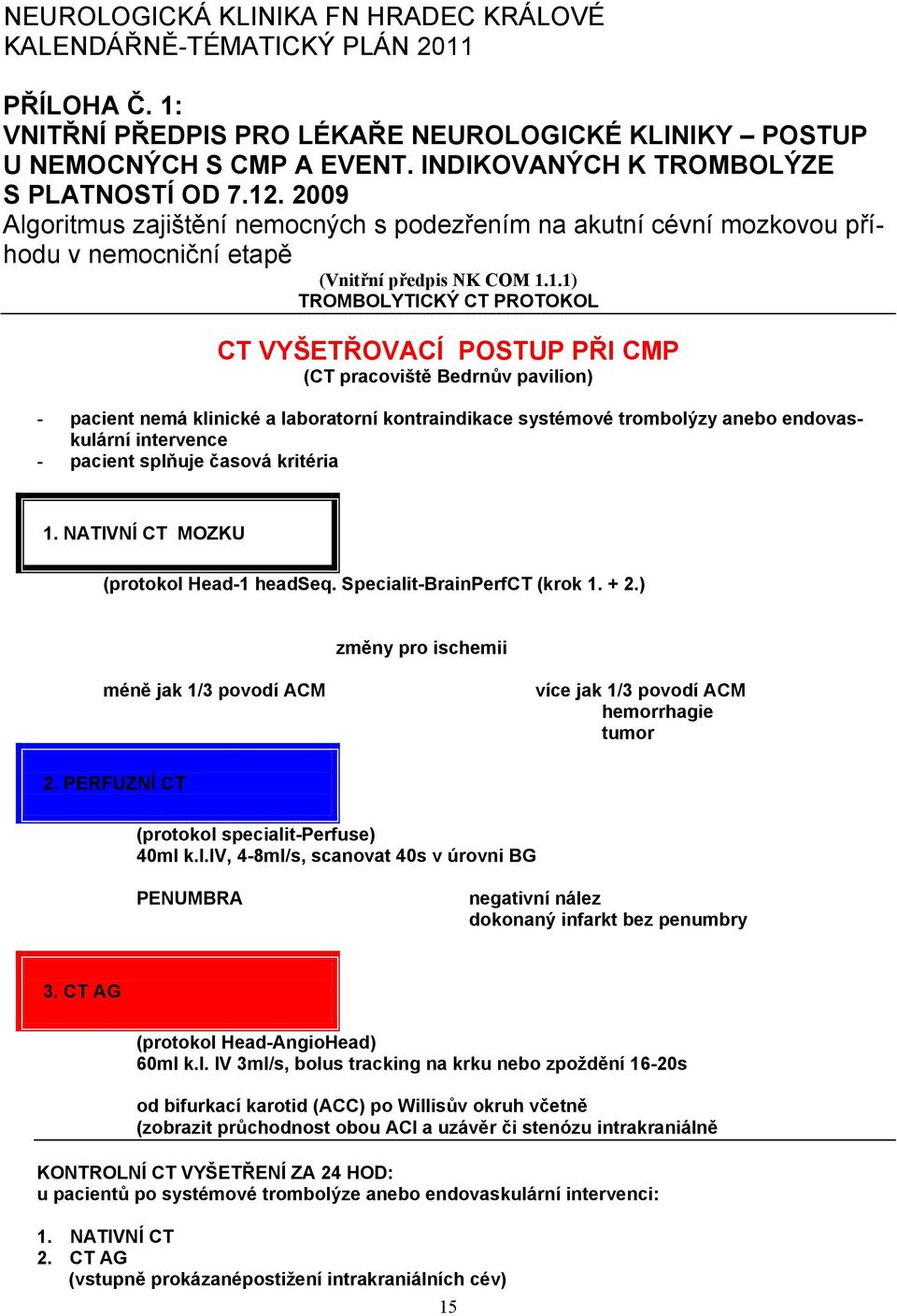 . 2009 Algoritmus zajištění nemocných s podezřením na akutní cévní mozkovou příhodu v nemocniční etapě (Vnitřní předpis NK COM 1.