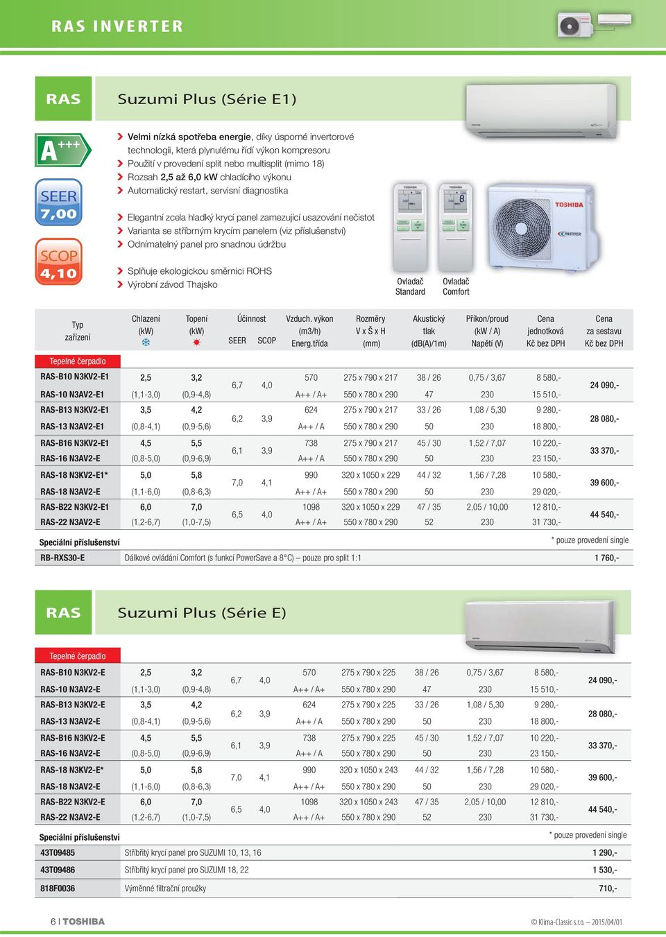 panelem (viz příslušenství) Odnímatelný panel pro snadnou údržbu Splňuje ekologickou směrnici ROHS Výrobní závod Thajsko Ovladač Standard Ovladač Comfort zařízení Chlazení Topení Účinnost Vzduch.