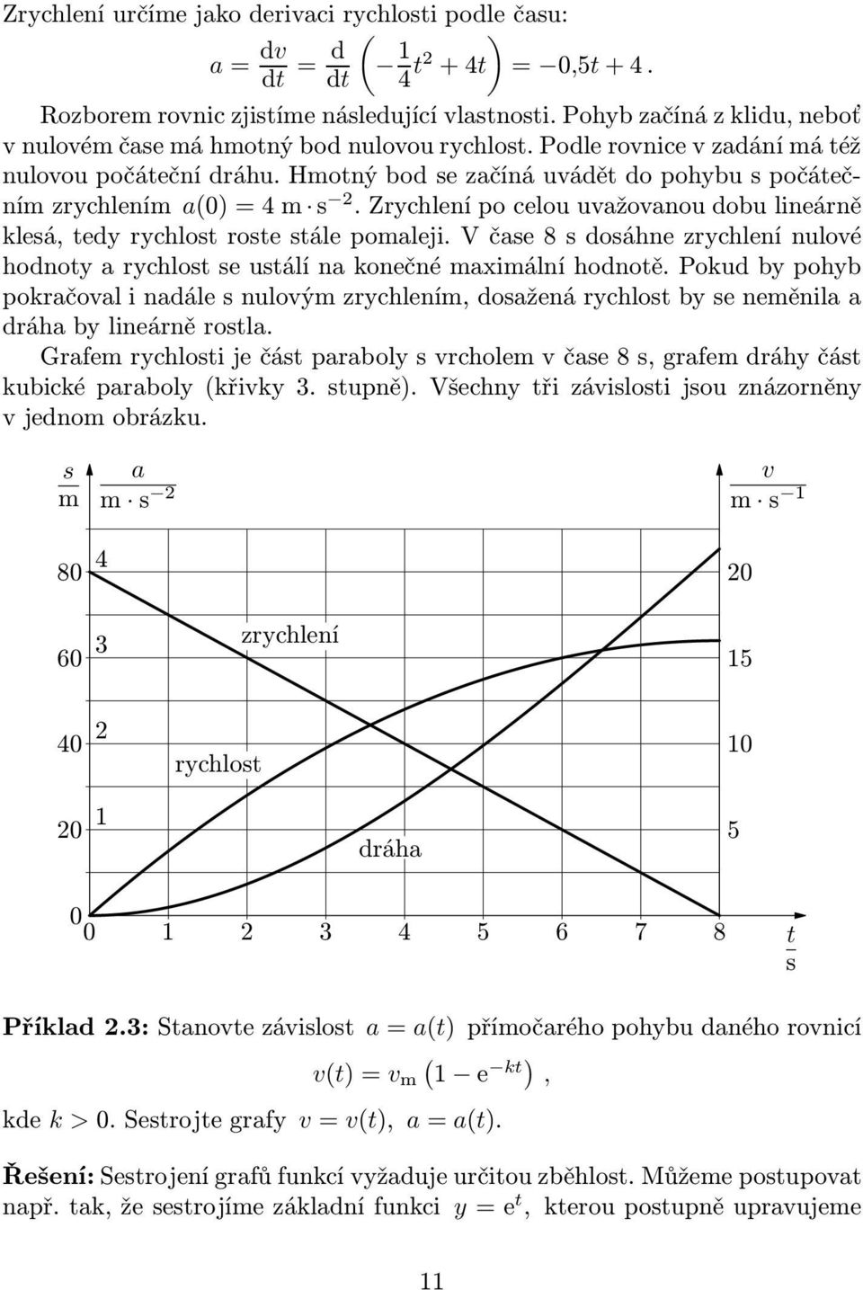 Zrychlenípocelouuvažovanoudobulineárně klesá, tedy rychlost roste stále pomaleji. V čase 8 s dosáhne zrychlení nulové hodnoty a rychlost se ustálí na konečné maximální hodnotě.