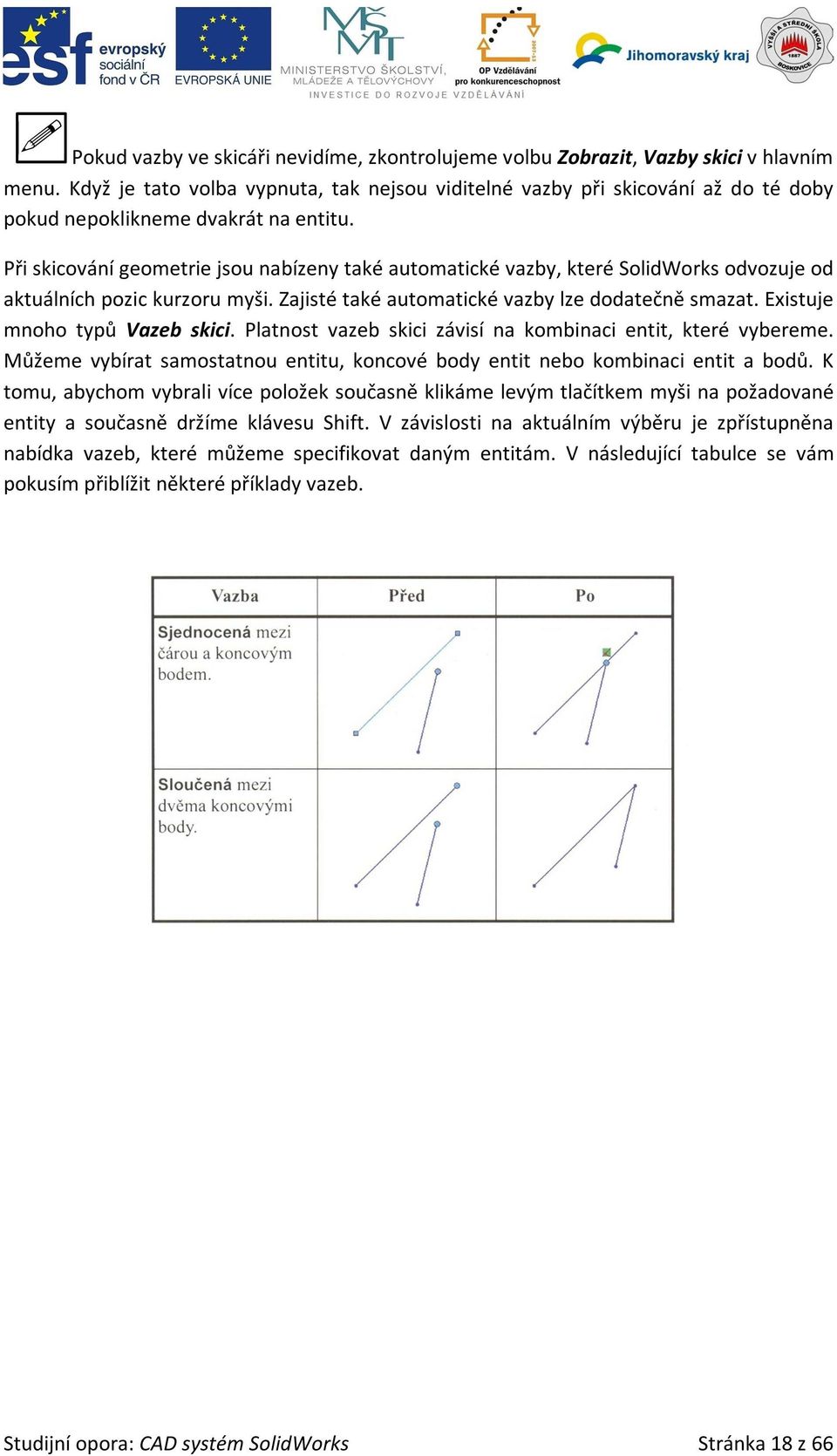 Při skicování geometrie jsou nabízeny také automatické vazby, které SolidWorks odvozuje od aktuálních pozic kurzoru myši. Zajisté také automatické vazby lze dodatečně smazat.