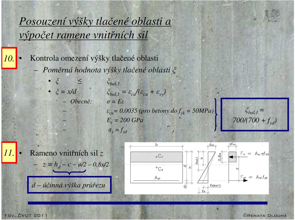 x/d ξ bal,1 = ε cu /(ε cu + ε sy ) Obecně: σ = Eε ε cu = 0,0035 (pro betony do f yk = 50MPa)