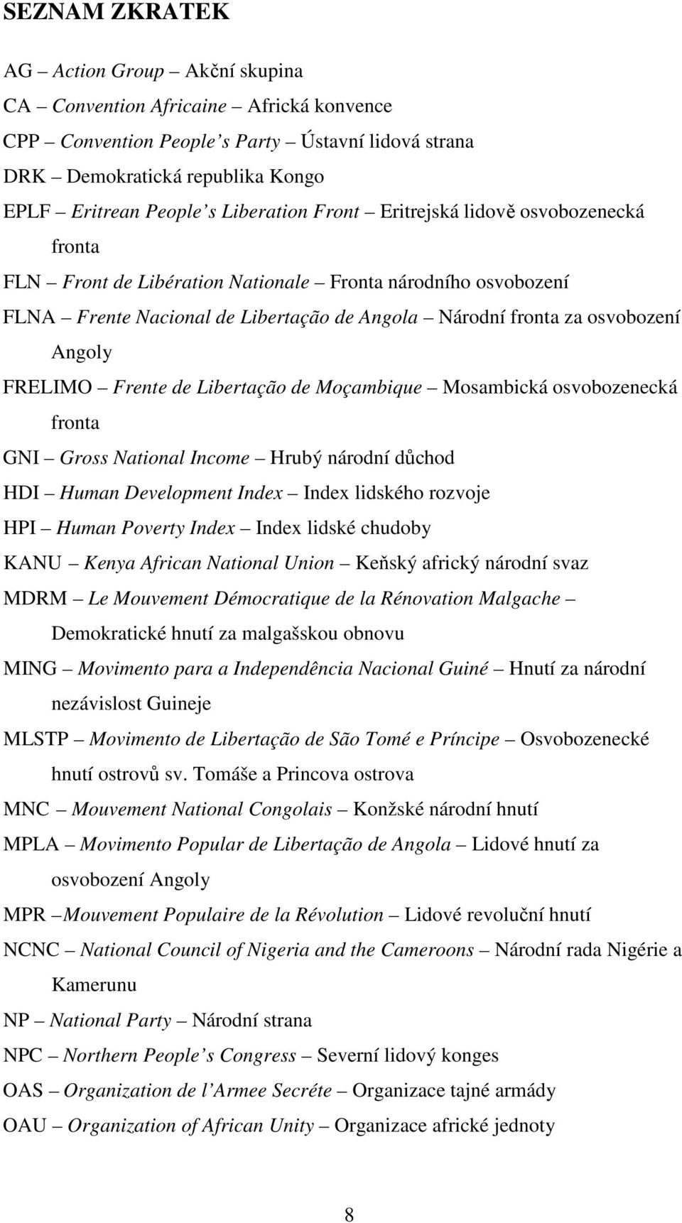 FRELIMO Frente de Libertação de Moçambique Mosambická osvobozenecká fronta GNI Gross National Income Hrubý národní důchod HDI Human Development Index Index lidského rozvoje HPI Human Poverty Index