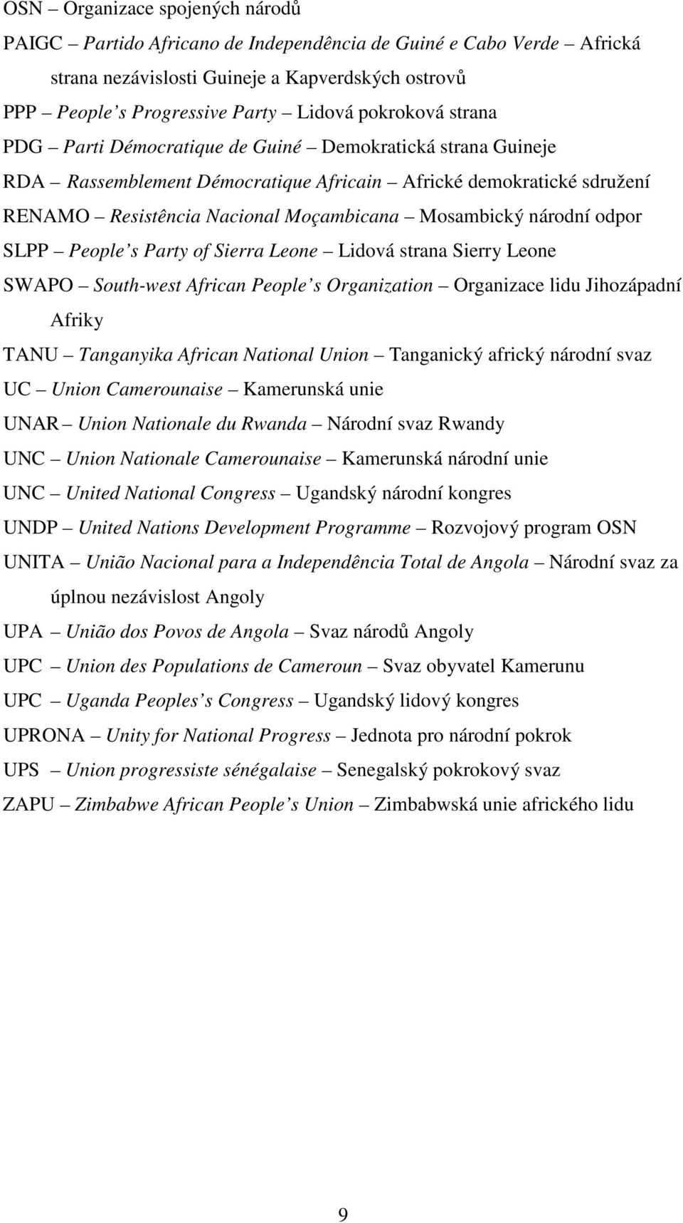 národní odpor SLPP People s Party of Sierra Leone Lidová strana Sierry Leone SWAPO South-west African People s Organization Organizace lidu Jihozápadní Afriky TANU Tanganyika African National Union