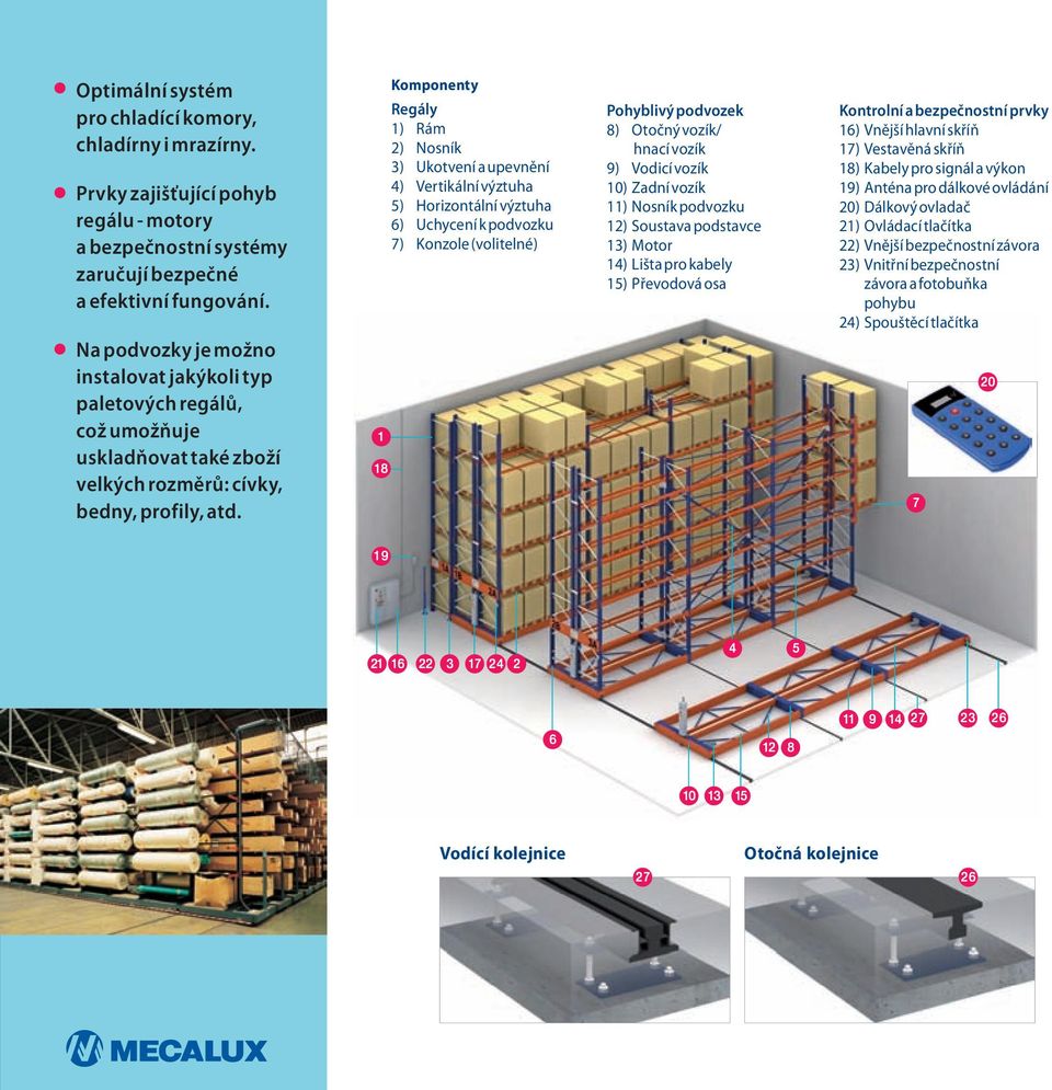 1 18 Komponenty Regály 1) Rám 2) Nosník 3) Ukotvení a upevnění 4) Vertikální výztuha 5) Horizontální výztuha 6) Uchycení k podvozku 7) Konzole (volitelné) Pohyblivý podvozek 8) Otočný vozík/ hnací