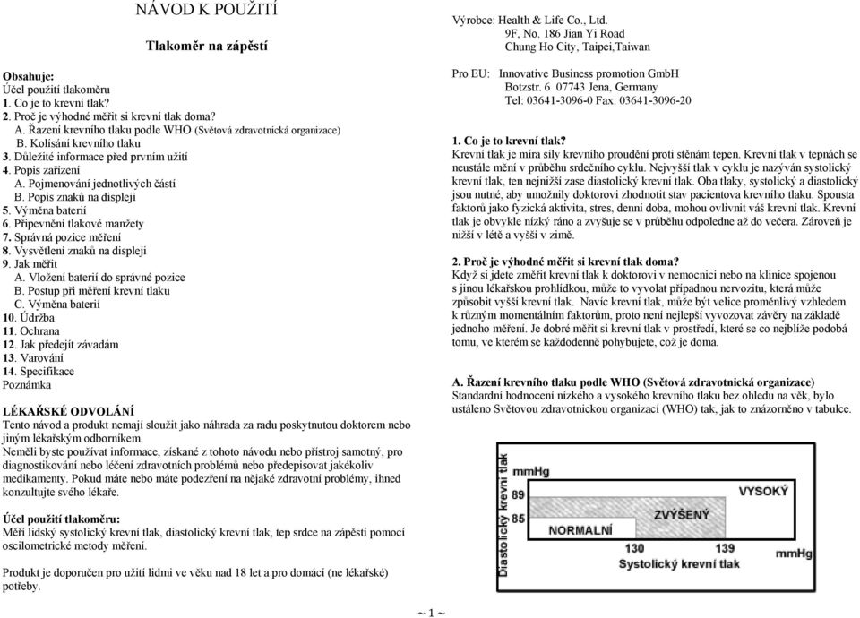 Popis znaků na displeji 5. Výměna baterií 6. Připevnění tlakové manžety 7. Správná pozice měření 8. Vysvětlení znaků na displeji 9. Jak měřit A. Vložení baterií do správné pozice B.