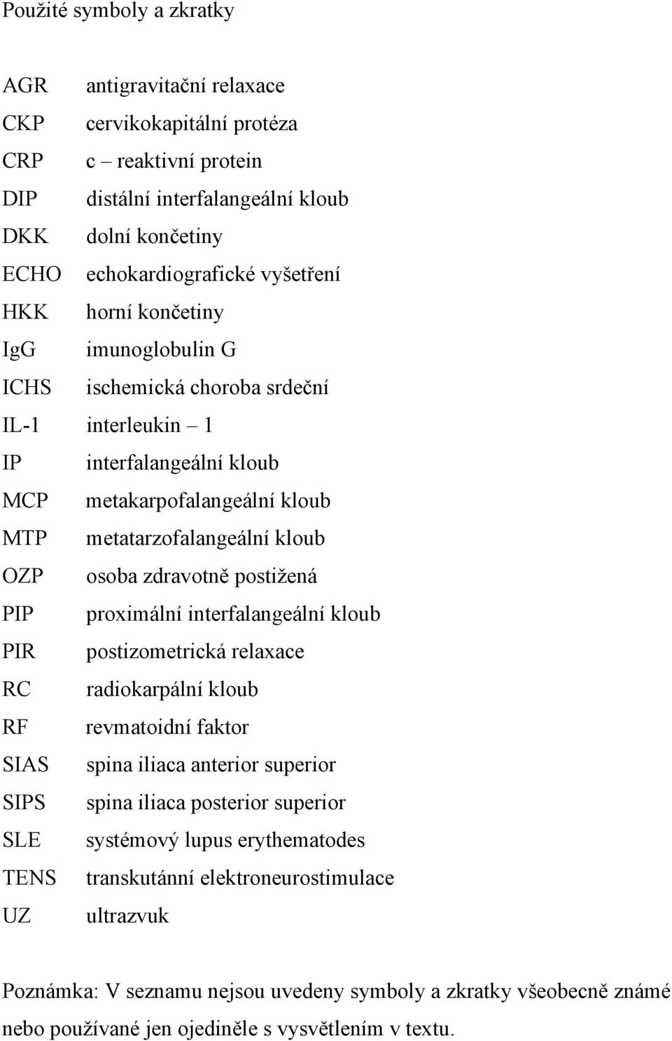 postižená PIP proximální interfalangeální kloub PIR postizometrická relaxace RC radiokarpální kloub RF revmatoidní faktor SIAS spina iliaca anterior superior SIPS spina iliaca posterior superior SLE