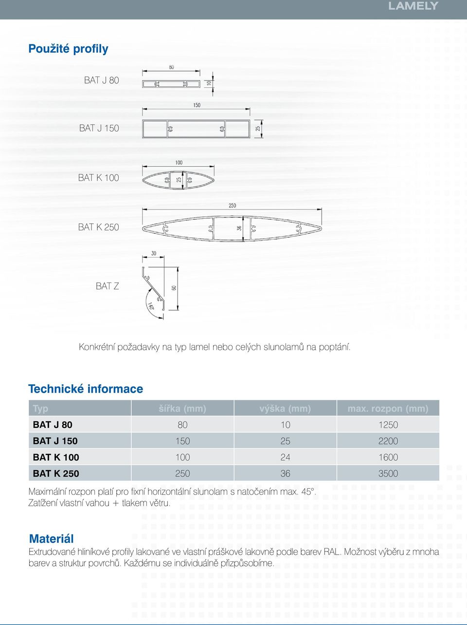 rozpon (mm) BAT J 80 80 10 1250 BAT J 150 150 25 2200 BAT K 100 100 24 1600 BAT K 250 250 36 3500 Maximální rozpon platí pro fixní