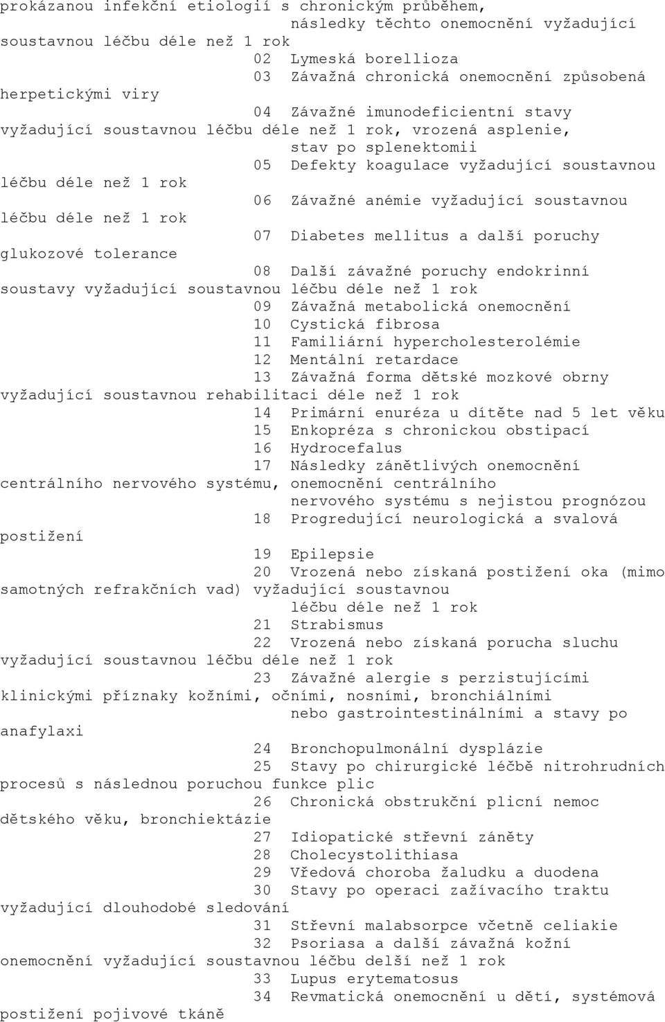 glukozové tolerance 08 Další závažné poruchy endokrinní soustavy vyžadující 09 Závažná metabolická onemocnění 10 Cystická fibrosa 11 Familiární hypercholesterolémie 12 Mentální retardace 13 Závažná