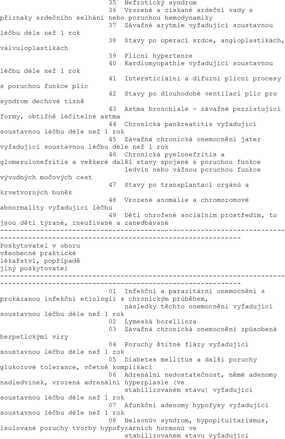 dechové tísně 43 Astma bronchiale - závažné perzistující formy, obtížně léčitelné astma 44 Chronická pankreatitis vyžadující 45 Závažná chronická onemocnění jater vyžadující 46 Chronická