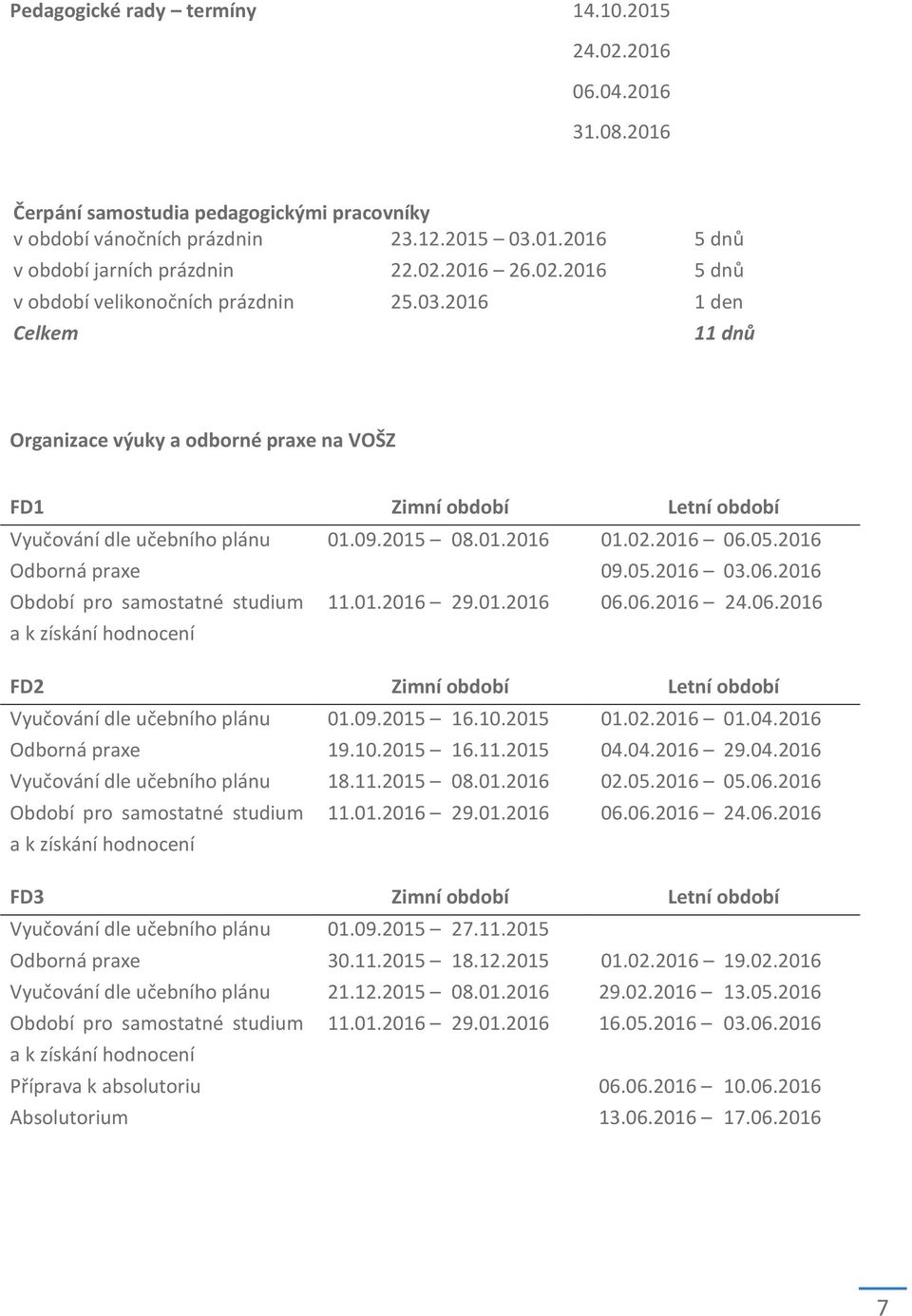 2015 08.01.2016 01.02.2016 06.05.2016 Odborná praxe 09.05.2016 03.06.2016 Období pro samostatné studium 11.01.2016 29.01.2016 06.06.2016 24.06.2016 a k získání hodnocení FD2 Zimní období Letní období Vyučování dle učebního plánu 01.