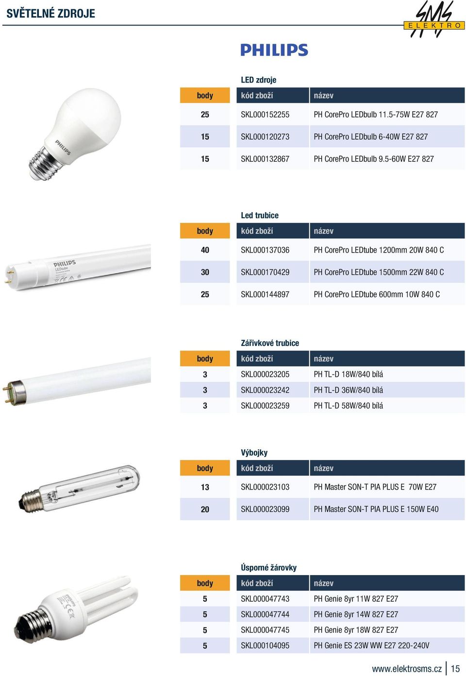 3 SKL000023205 PH TL-D 18W/8 bílá 3 SKL000023242 PH TL-D 36W/8 bílá 3 SKL000023259 PH TL-D 58W/8 bílá Výbojky 13 SKL000023103 PH Master SON-T PIA PLUS E 70W E27 20 SKL000023099 PH Master