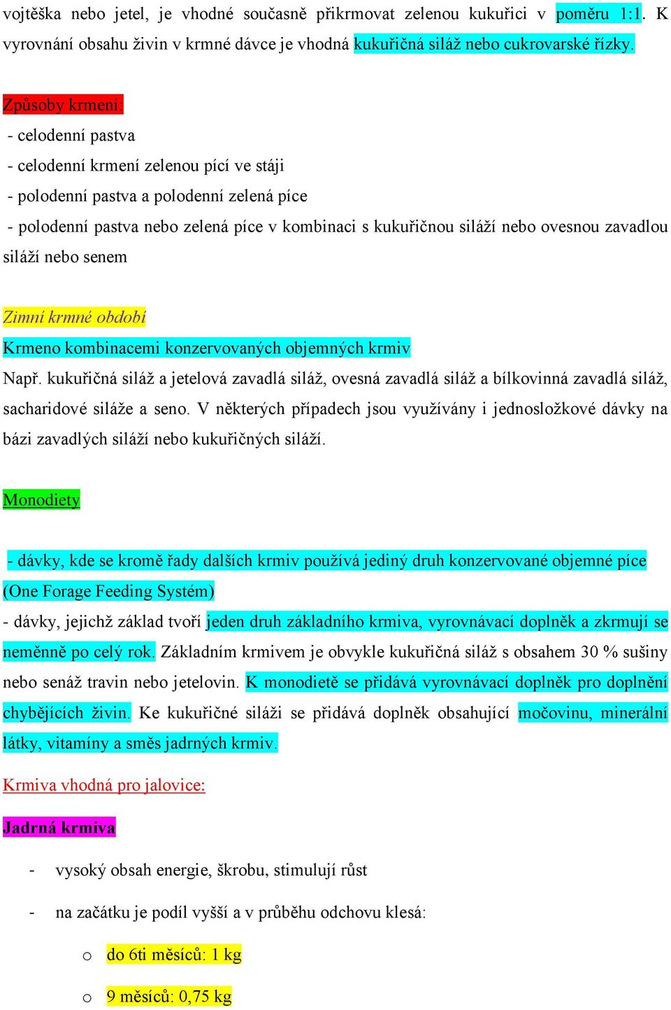 zavadlou siláží nebo senem Zimní krmné období Krmeno kombinacemi konzervovaných objemných krmiv Např.