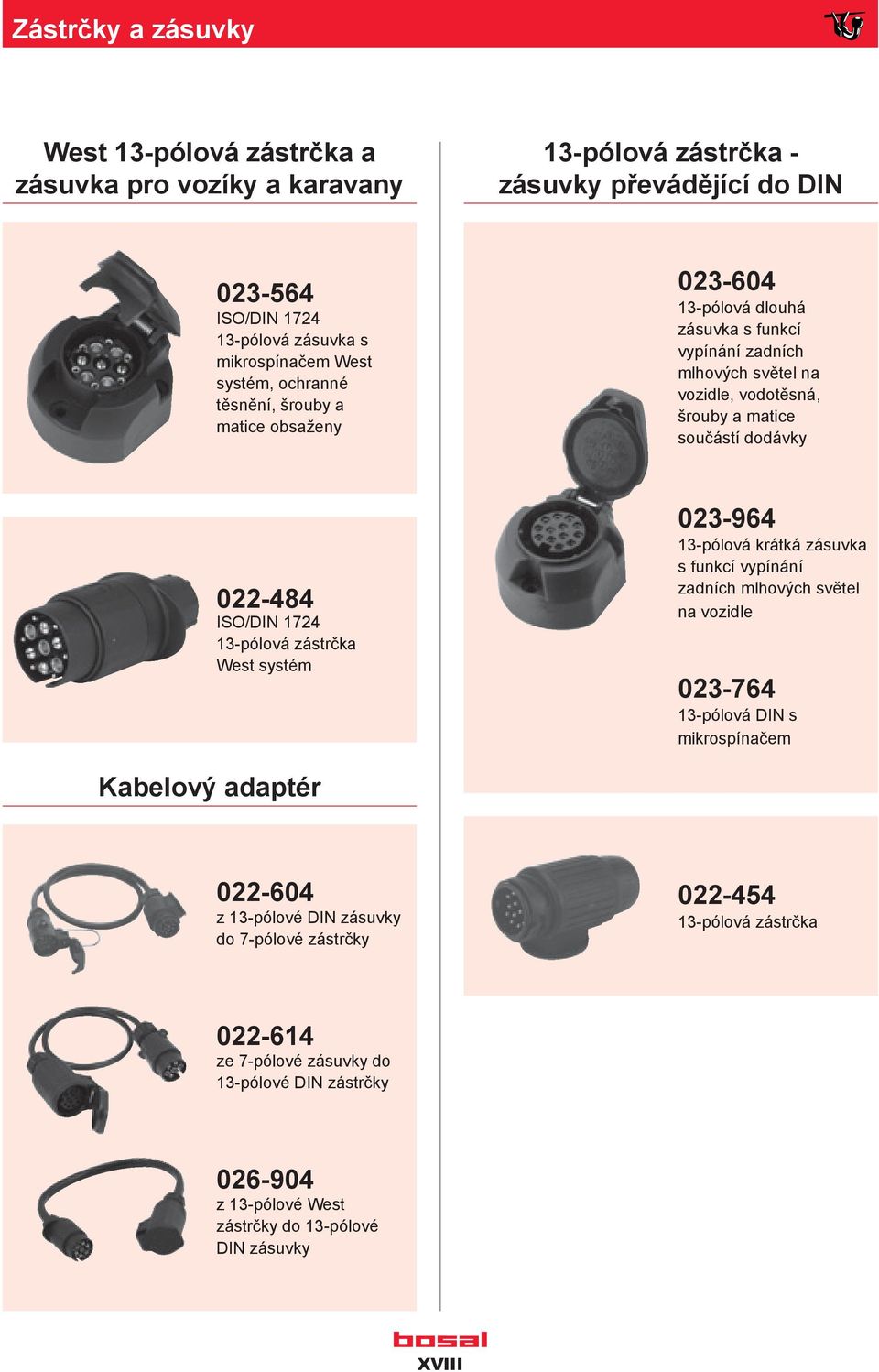 022-484 ISO/DIN 1724 13-pólová zástrčka West systém 023-964 13-pólová krátká zásuvka s funkcí vypínání zadních mlhových světel na vozidle 023-764 13-pólová DIN s mikrospínačem Kabelový