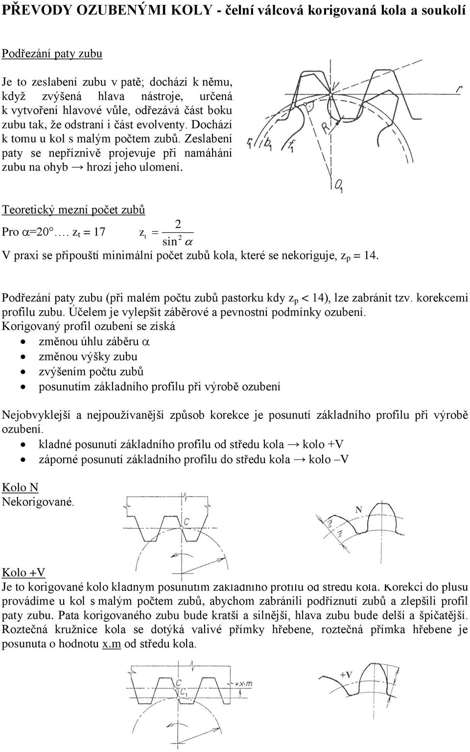 Teoretický mezní počet zubů Pro =20. z t = 17 z t 2 2 sin V praxi se připouští minimální počet zubů kola, které se nekoriguje, z p = 14.