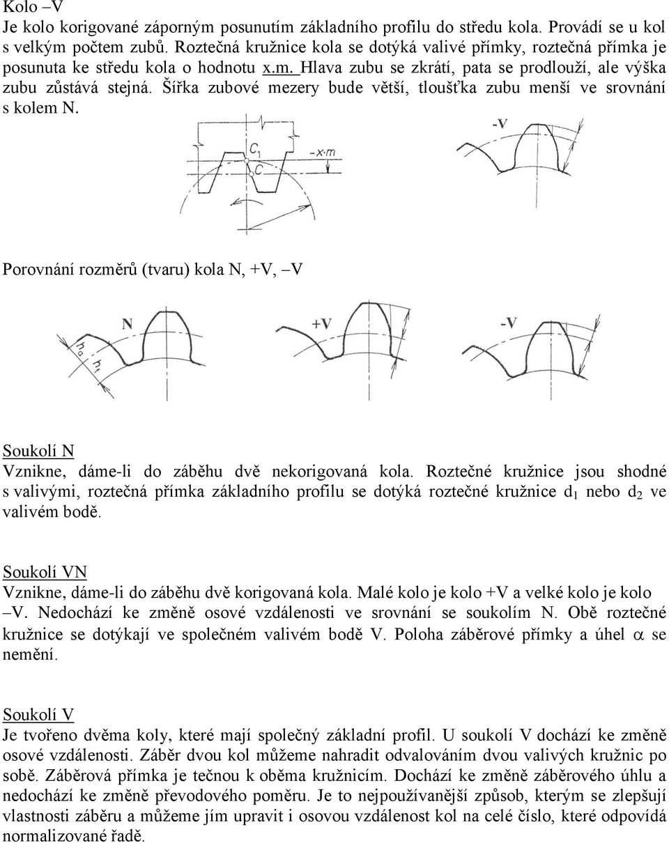 Šířka zubové mezery bude větší, tloušťka zubu menší ve srovnání s kolem N. Porovnání rozměrů (tvaru) kola N, +V, V Soukolí N Vznikne, dáme-li do záběhu dvě nekorigovaná kola.