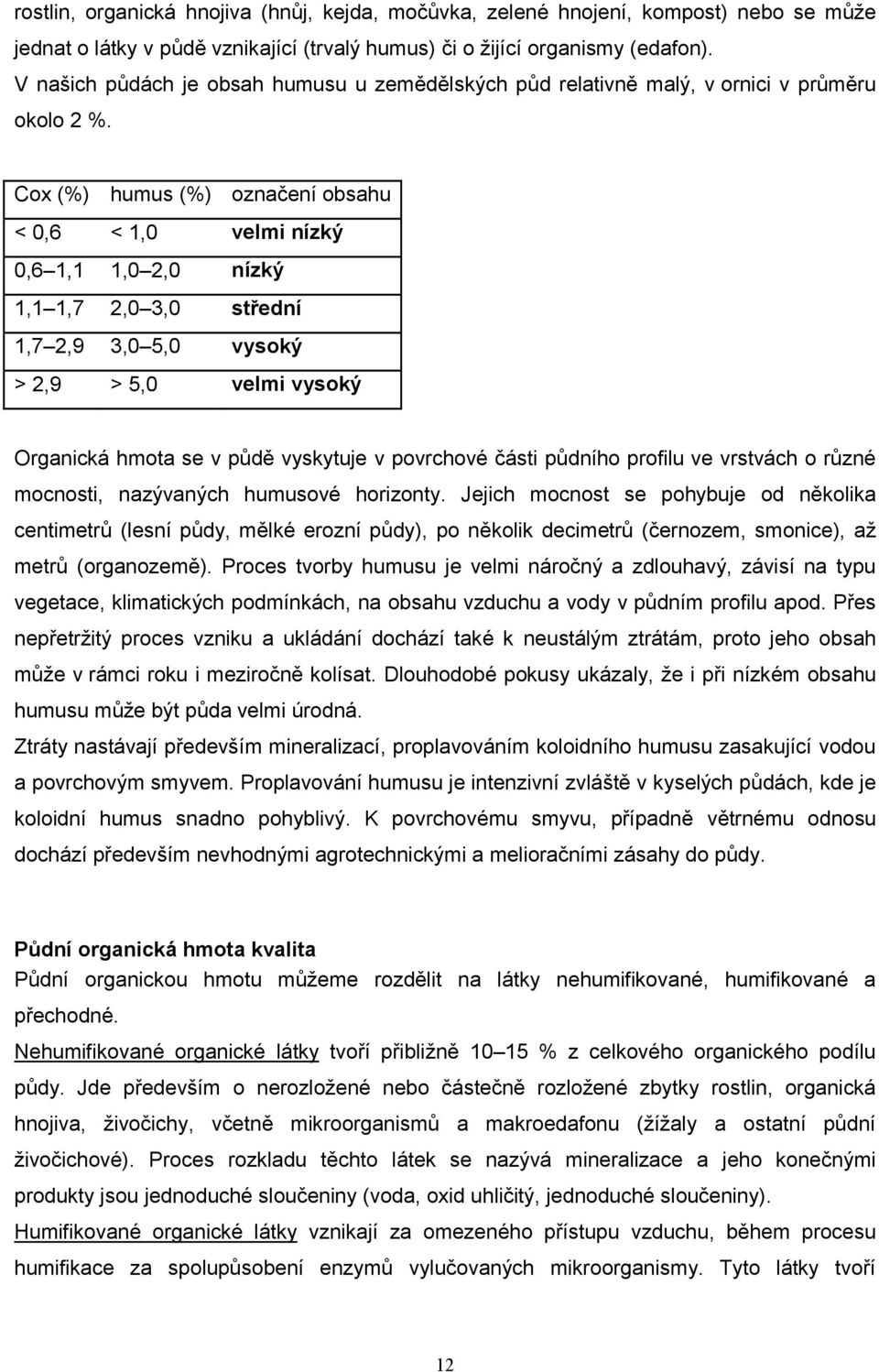 Cox (%) humus (%) označení obsahu < 0,6 < 1,0 velmi nízký 0,6 1,1 1,0 2,0 nízký 1,1 1,7 2,0 3,0 střední 1,7 2,9 3,0 5,0 vysoký > 2,9 > 5,0 velmi vysoký Organická hmota se v půdě vyskytuje v povrchové