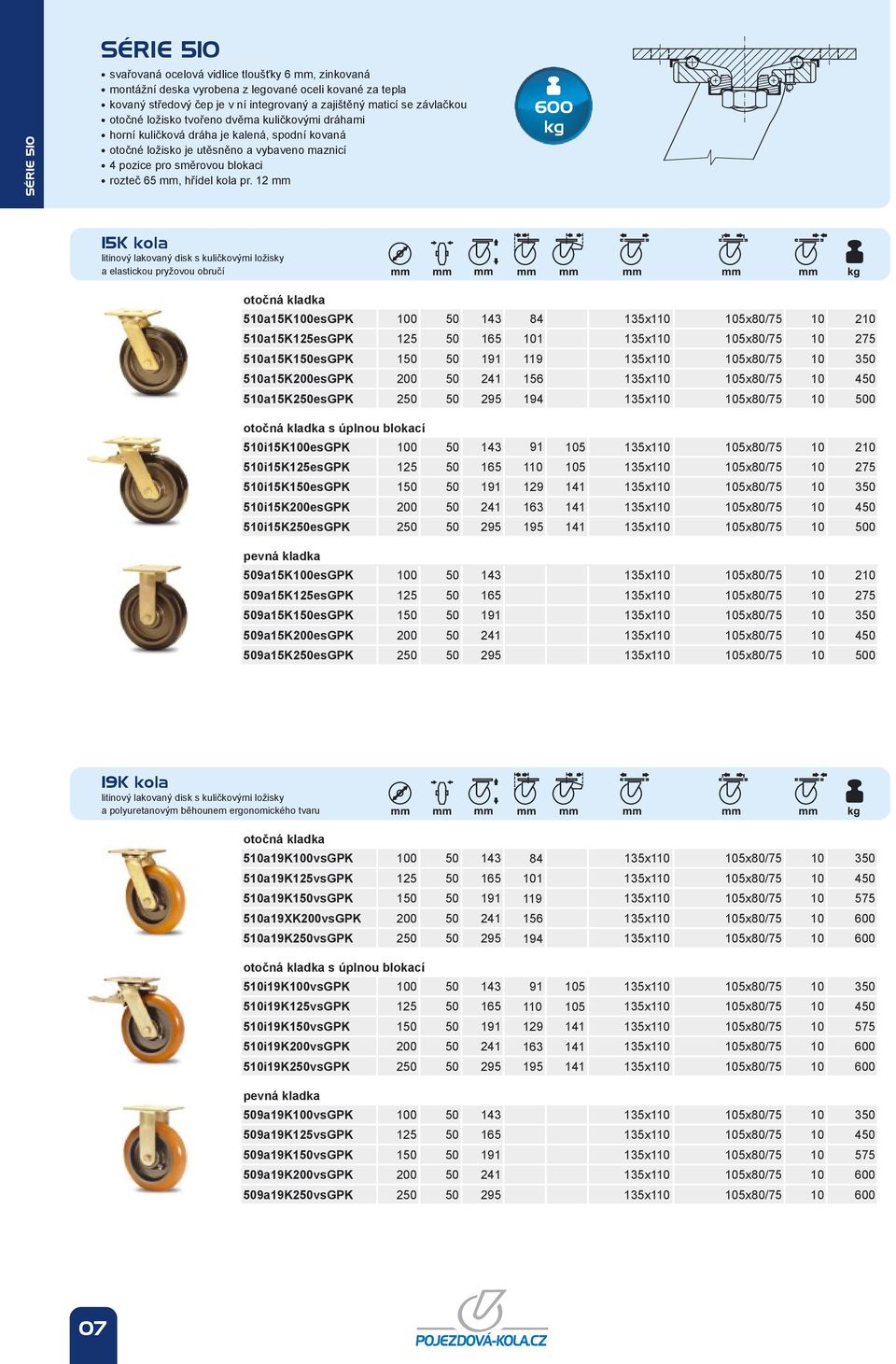 12 mm 600 15K kola litinový lakovaný disk s kuličkovými ložisky a elastickou pryžovou obručí 510a15K100esGPK 100 50 143 84 135x110 105x80/75 10 210 510a15K125esGPK 125 50 165 101 135x110 105x80/75 10