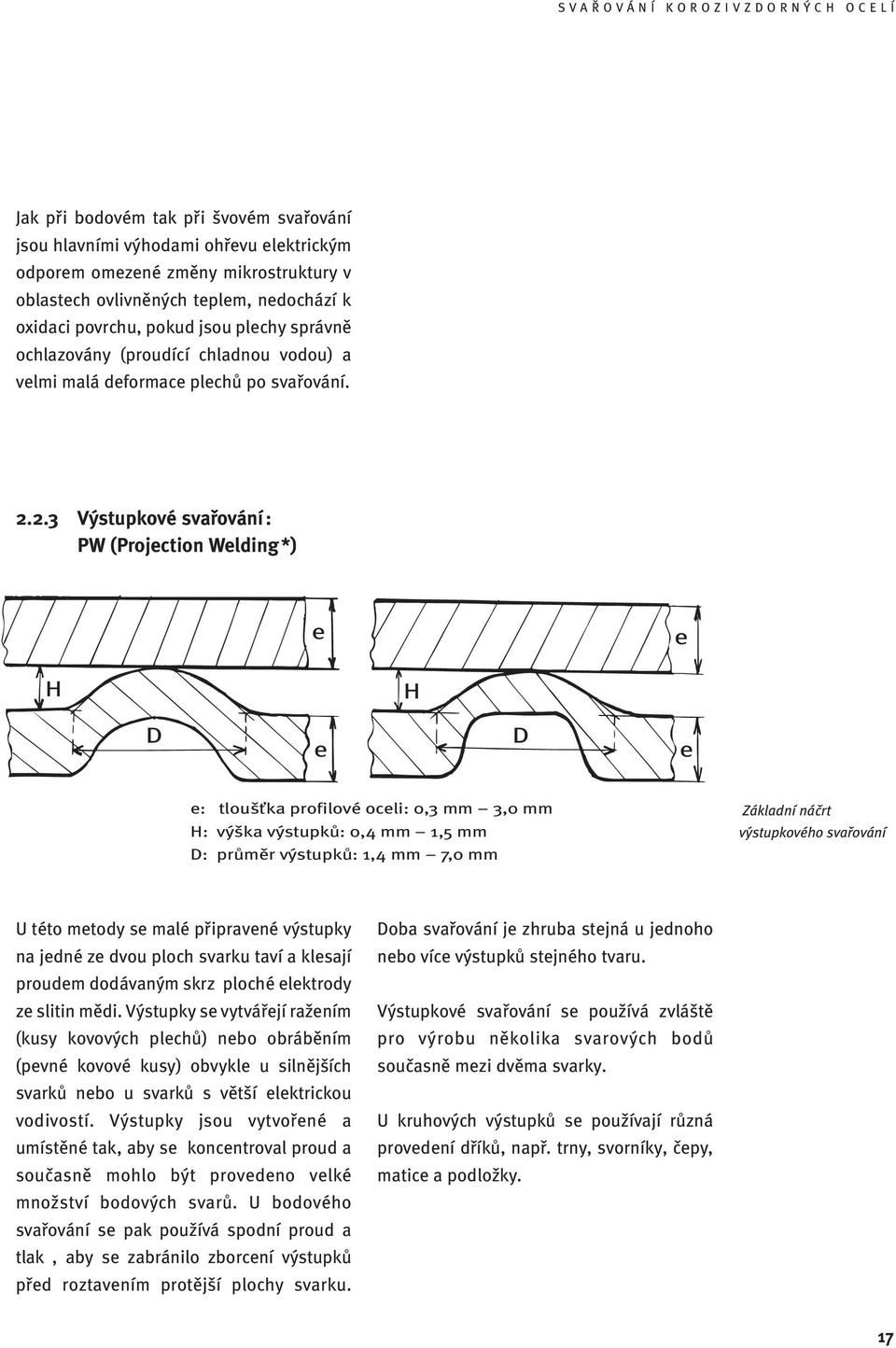 2.3 Výstupkové svařování: PW (Projection Welding*) e e H H D e D e e: tloušťka profilové oceli: 0,3 mm 3,0 mm H: výška výstupků: 0,4 mm 1,5 mm D: průměr výstupků: 1,4 mm 7,0 mm Základní náčrt