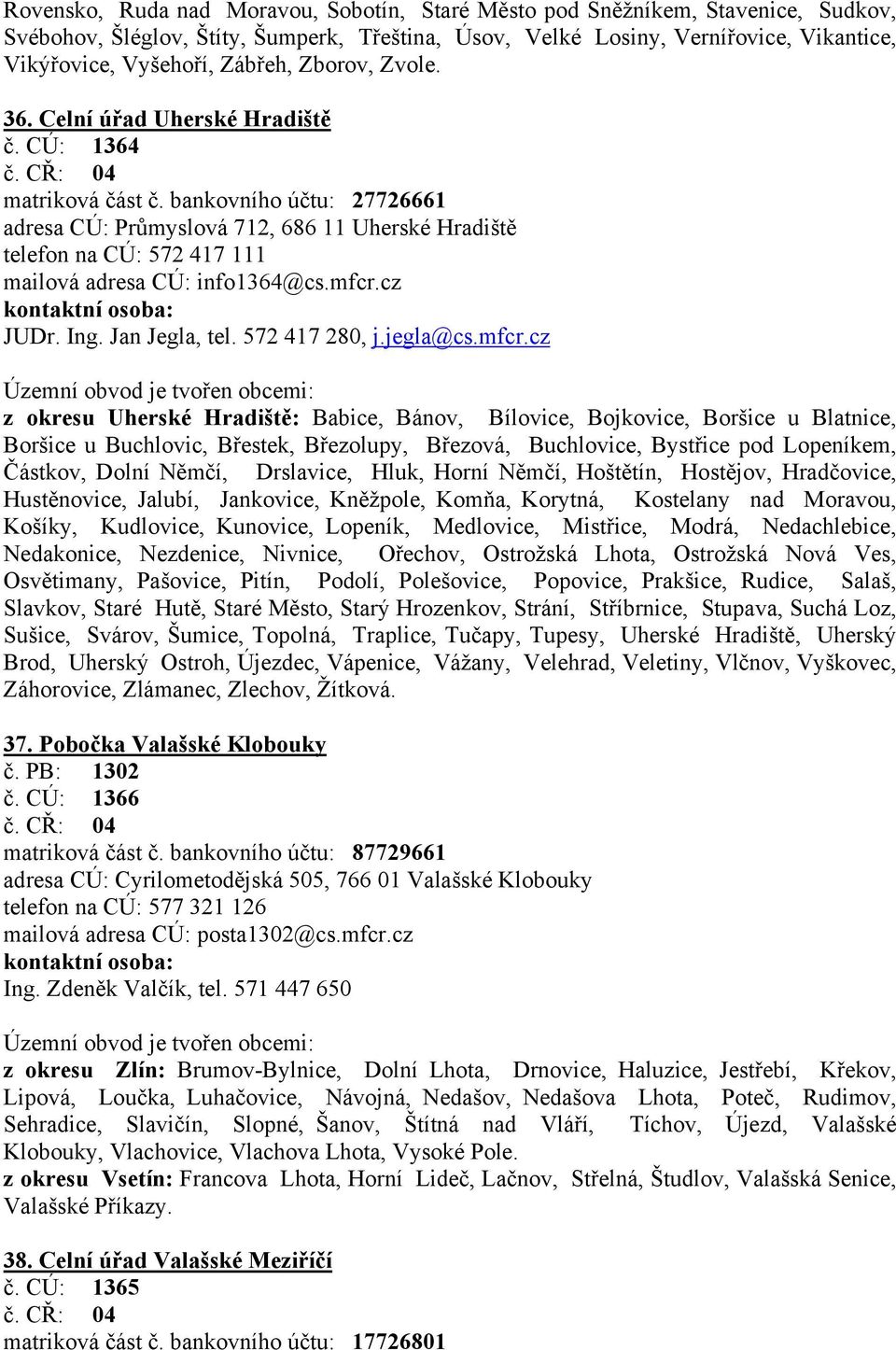 bankovního účtu: 27726661 adresa CÚ: Průmyslová 712, 686 11 Uherské Hradiště telefon na CÚ: 572 417 111 mailová adresa CÚ: info1364@cs.mfcr.cz kontaktní osoba: JUDr. Ing. Jan Jegla, tel.