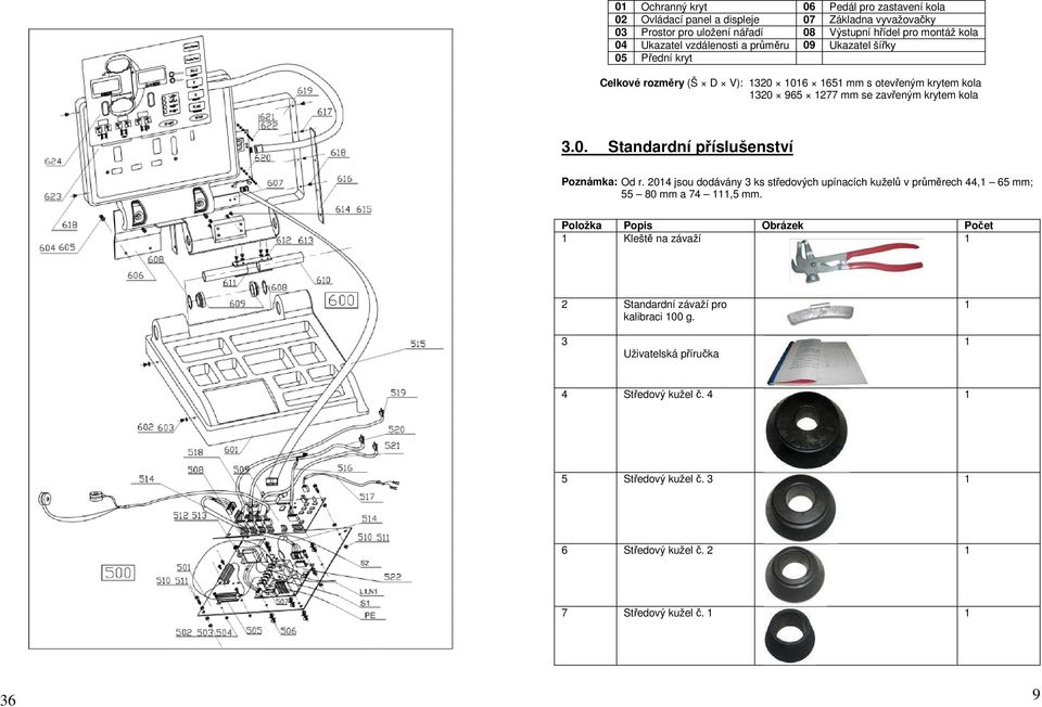 2014 jsou dodávány 3 ks středových upínacích kuželů v průměrech 44,1 65 mm; 55 80 mm a 74 111,5 mm.